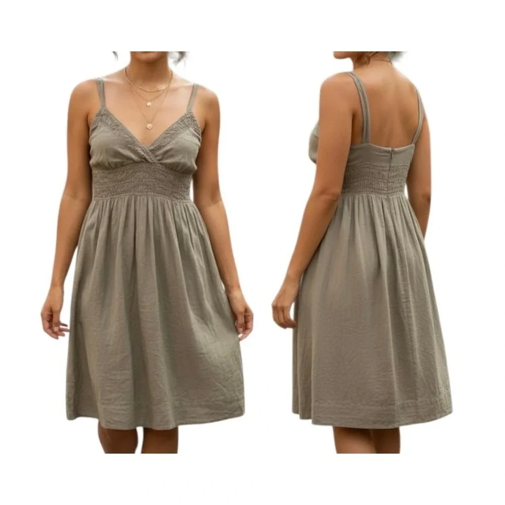 Vince Brown Embroidered Empire‎ Waist Midi Dress with Pockets Size 6